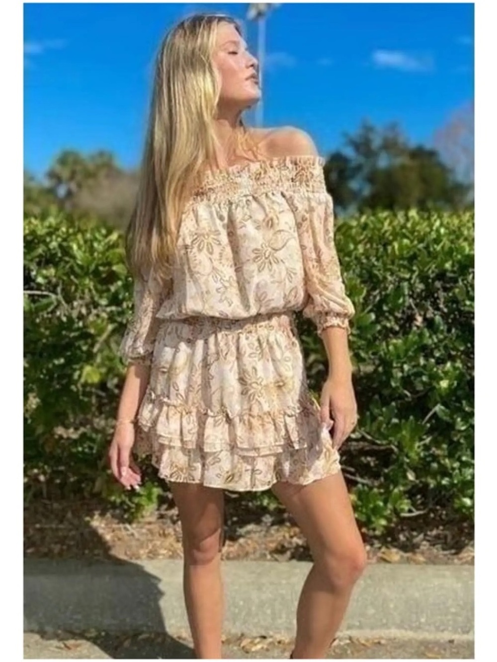 Off-Shoulder Cream Floral Tiered Mini Dress - Picture 1 of 4